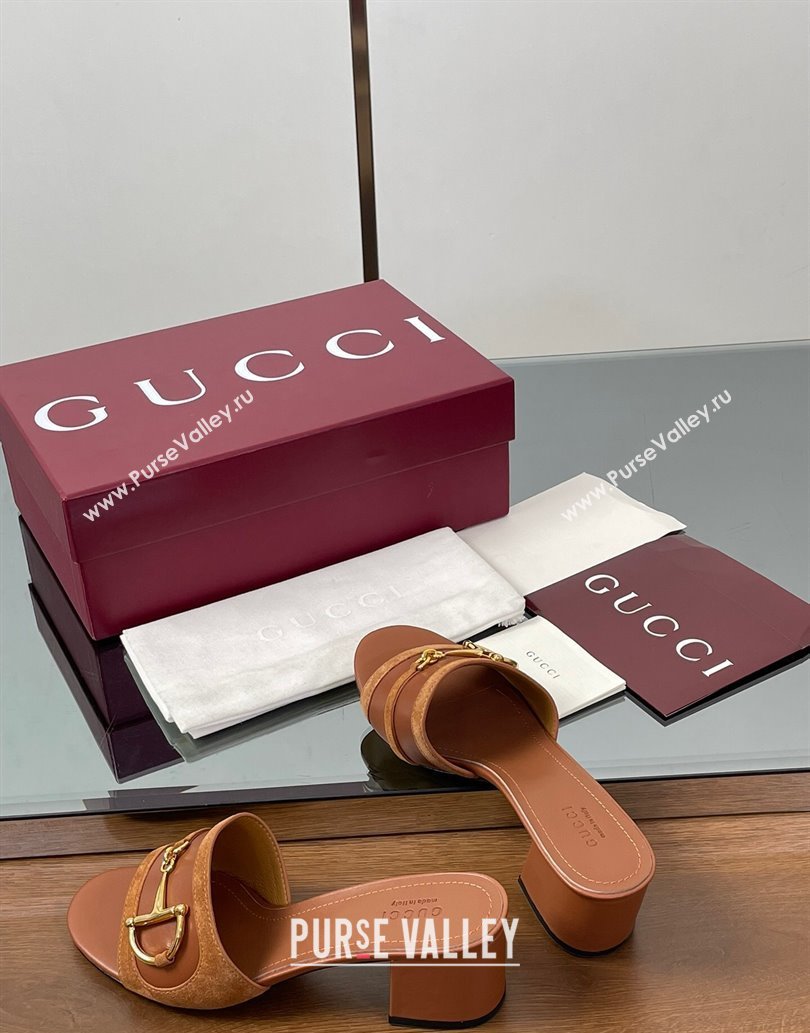 Gucci Heel Slides Sandal 5.5cm in Suede Trim and Lambskin with Horsebit Brown 2025 834421 (MD-250609091)