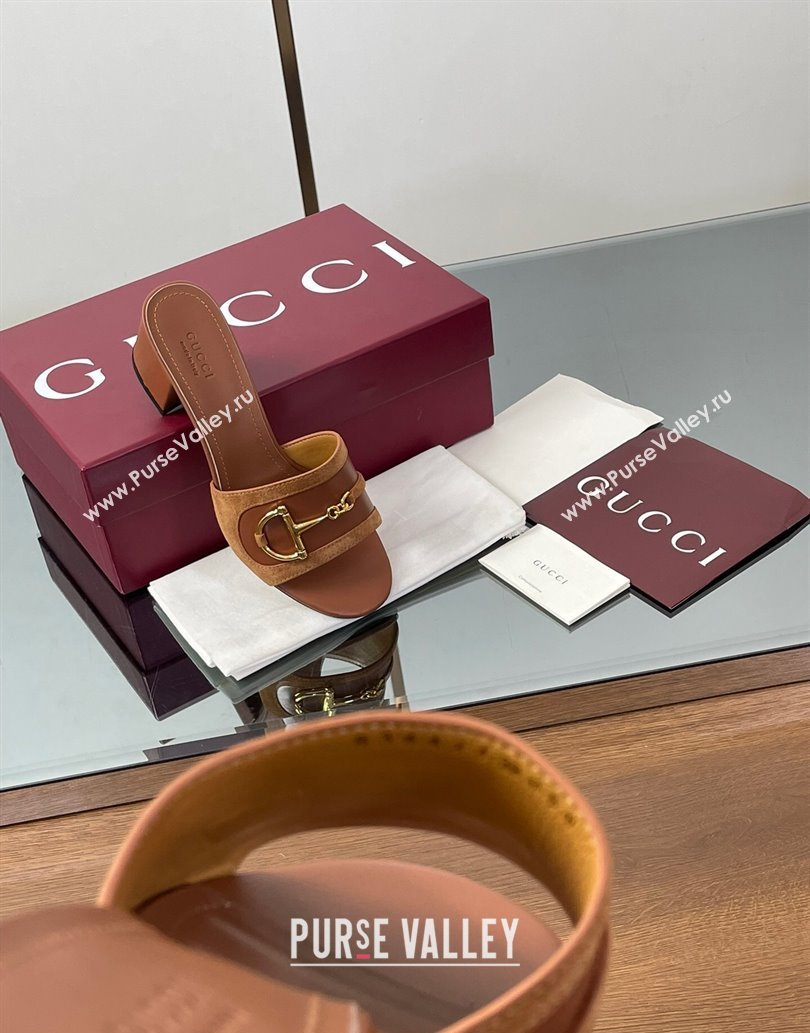 Gucci Heel Slides Sandal 5.5cm in Suede Trim and Lambskin with Horsebit Brown 2025 834421 (MD-250609091)