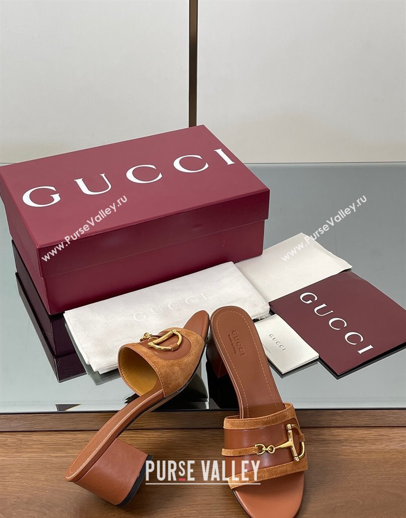 Gucci Heel Slides Sandal 5.5cm in Suede Trim and Lambskin with Horsebit Brown 2025 834421 (MD-250609091)