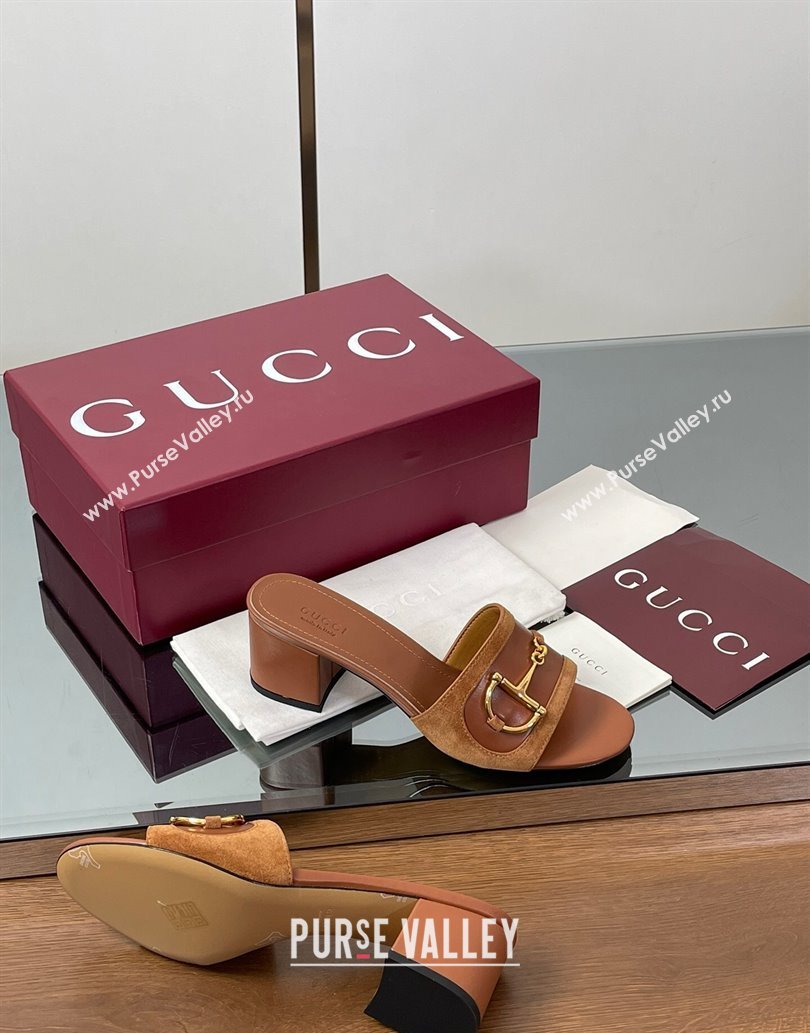 Gucci Heel Slides Sandal 5.5cm in Suede Trim and Lambskin with Horsebit Brown 2025 834421 (MD-250609091)