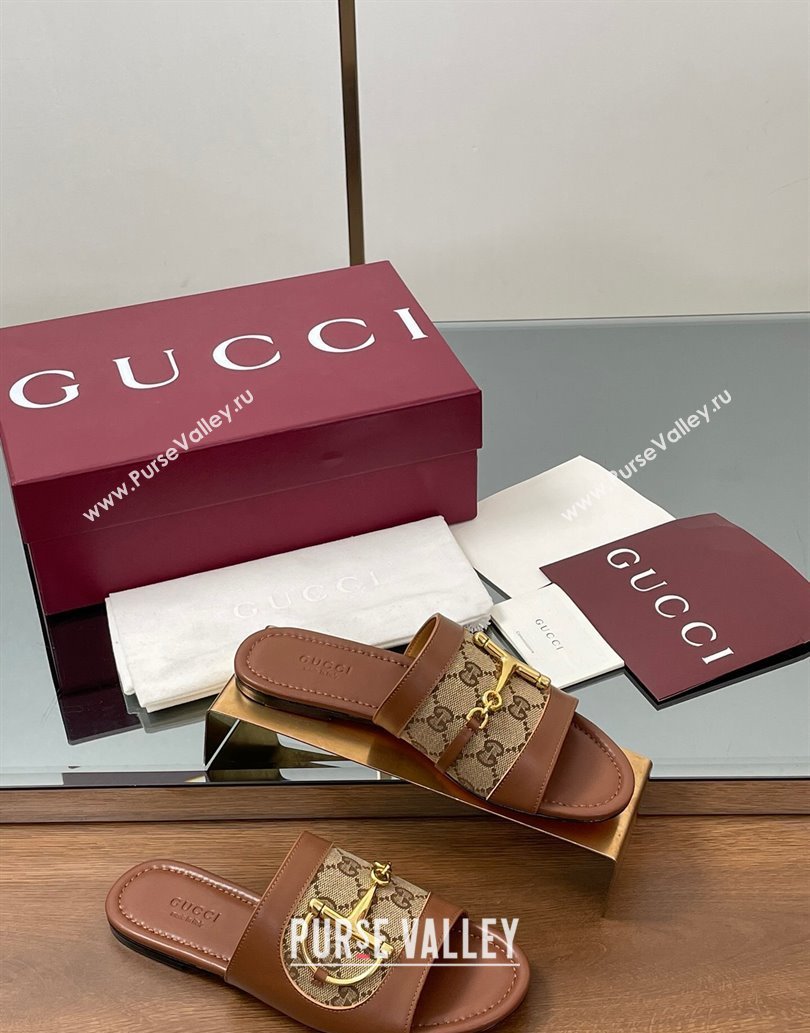 Gucci Flat Slides Sandal in GG Canvas and Lambskin with Horsebit Brown 2025 834427 (MD-250609092)