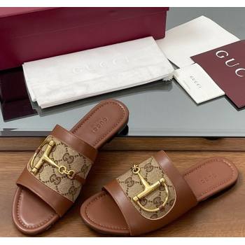 Gucci Flat Slides Sandal in GG Canvas and Lambskin with Horsebit Brown 2025 834427 (MD-250609092)