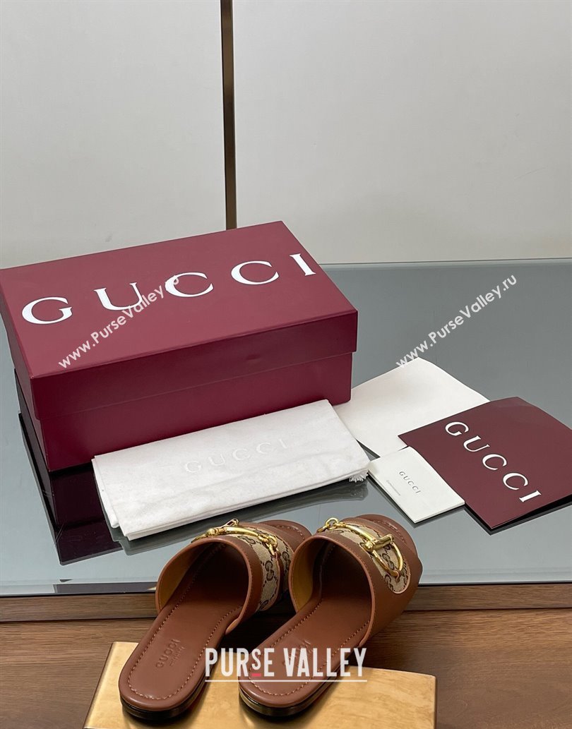 Gucci Flat Slides Sandal in GG Canvas and Lambskin with Horsebit Brown 2025 834427 (MD-250609092)