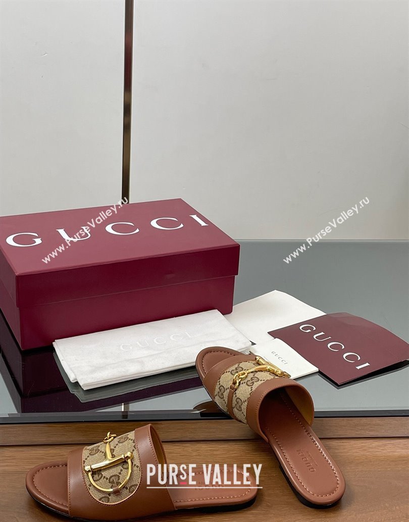 Gucci Flat Slides Sandal in GG Canvas and Lambskin with Horsebit Brown 2025 834427 (MD-250609092)