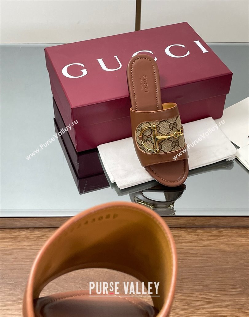 Gucci Flat Slides Sandal in GG Canvas and Lambskin with Horsebit Brown 2025 834427 (MD-250609092)