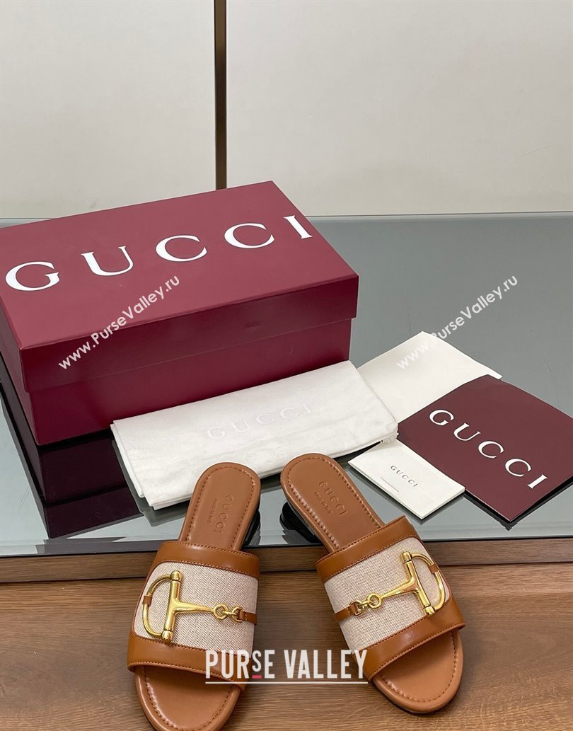 Gucci Flat Slides Sandal in Canvas and Lambskin with Horsebit Beige/Brown 2025 834427 (MD-250609093)