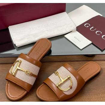 Gucci Flat Slides Sandal in Canvas and Lambskin with Horsebit Beige/Brown 2025 834427 (MD-250609093)