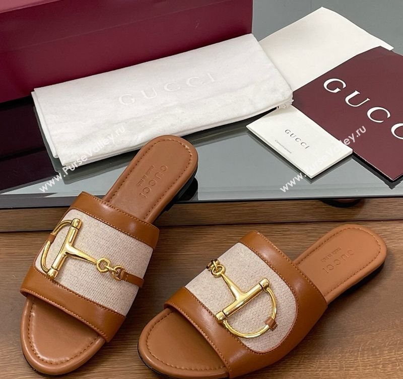 Gucci Flat Slides Sandal in Canvas and Lambskin with Horsebit Beige/Brown 2025 834427 (MD-250609093)