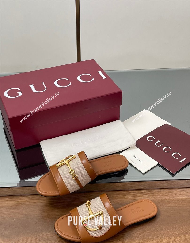 Gucci Flat Slides Sandal in Canvas and Lambskin with Horsebit Beige/Brown 2025 834427 (MD-250609093)
