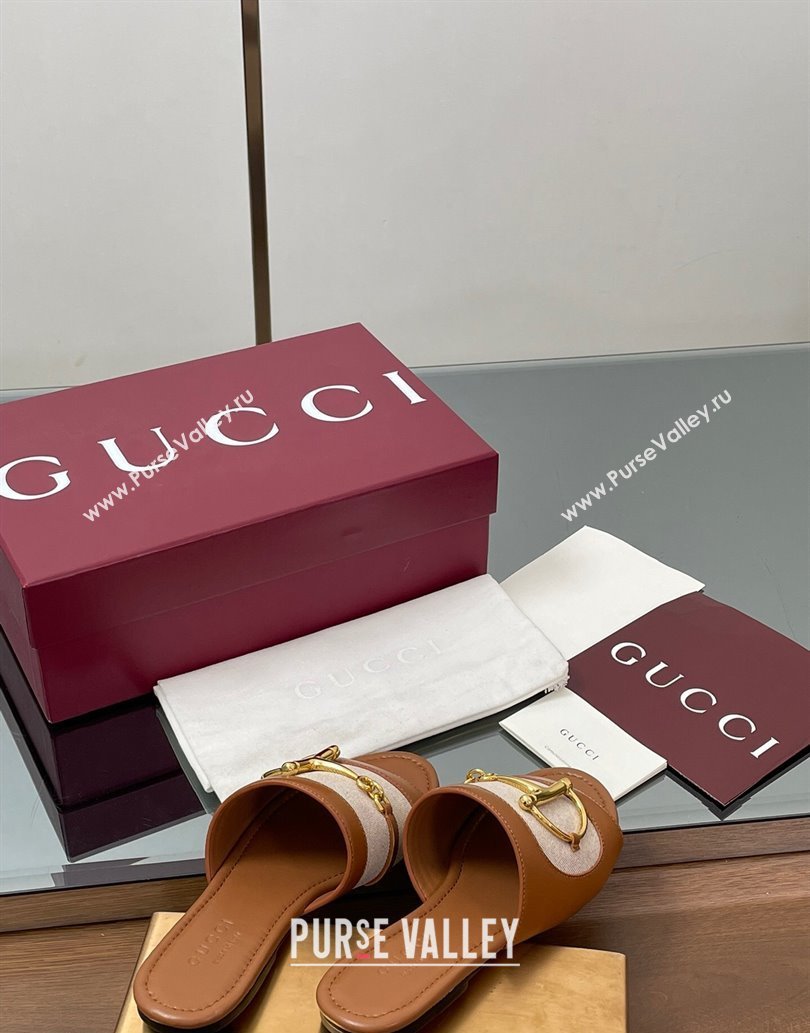 Gucci Flat Slides Sandal in Canvas and Lambskin with Horsebit Beige/Brown 2025 834427 (MD-250609093)