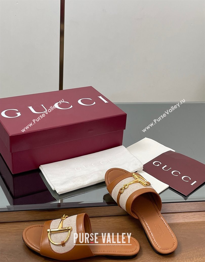 Gucci Flat Slides Sandal in Canvas and Lambskin with Horsebit Beige/Brown 2025 834427 (MD-250609093)
