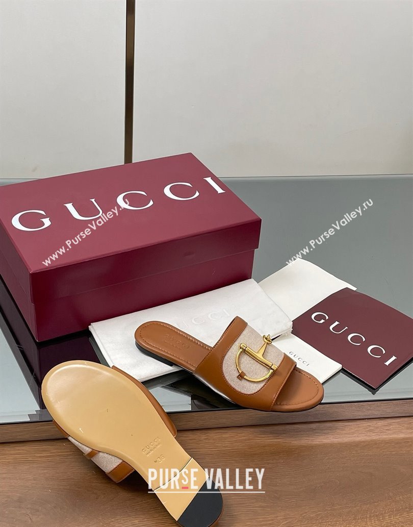 Gucci Flat Slides Sandal in Canvas and Lambskin with Horsebit Beige/Brown 2025 834427 (MD-250609093)