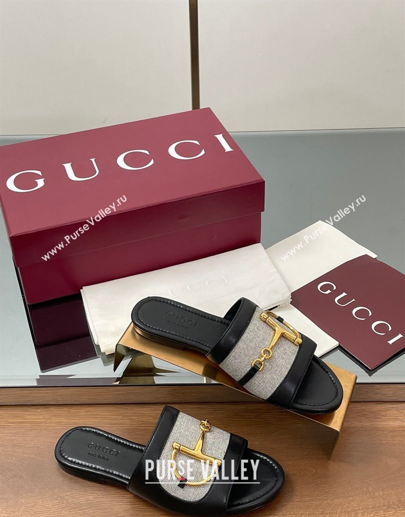 Gucci Flat Slides Sandal in Canvas and Lambskin with Horsebit Grey/Black 2025 834427 (MD-250609094)