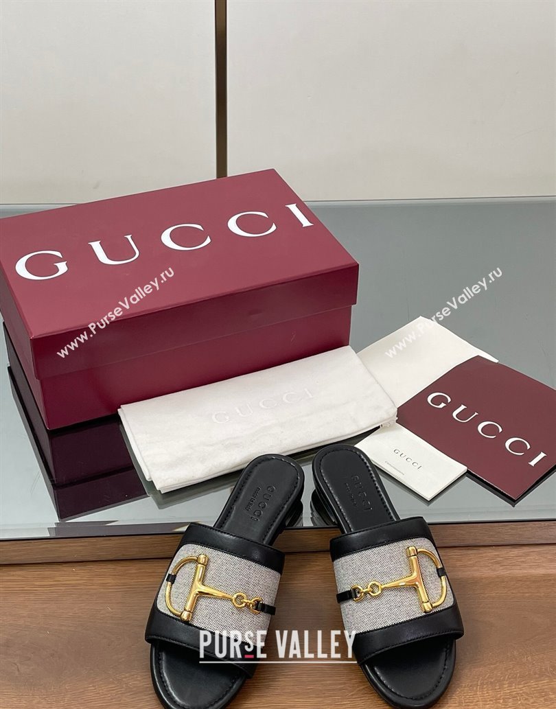 Gucci Flat Slides Sandal in Canvas and Lambskin with Horsebit Grey/Black 2025 834427 (MD-250609094)