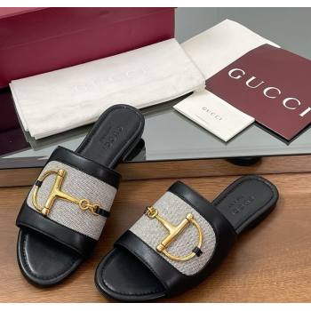 Gucci Flat Slides Sandal in Canvas and Lambskin with Horsebit Grey/Black 2025 834427 (MD-250609094)