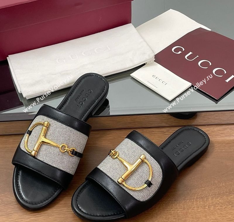 Gucci Flat Slides Sandal in Canvas and Lambskin with Horsebit Grey/Black 2025 834427 (MD-250609094)