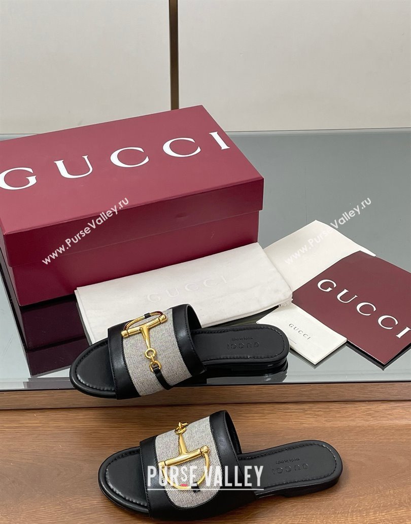 Gucci Flat Slides Sandal in Canvas and Lambskin with Horsebit Grey/Black 2025 834427 (MD-250609094)