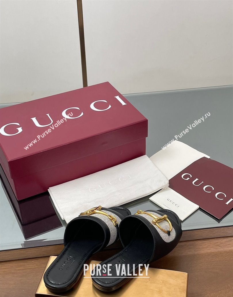 Gucci Flat Slides Sandal in Canvas and Lambskin with Horsebit Grey/Black 2025 834427 (MD-250609094)