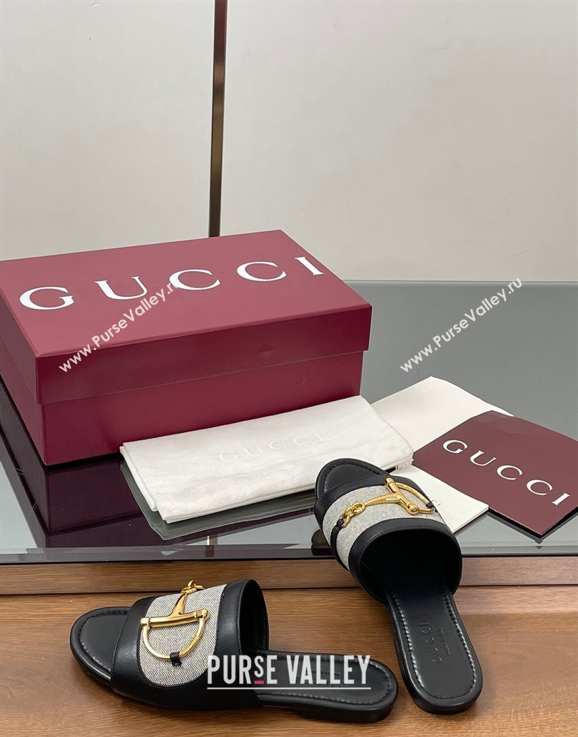 Gucci Flat Slides Sandal in Canvas and Lambskin with Horsebit Grey/Black 2025 834427 (MD-250609094)
