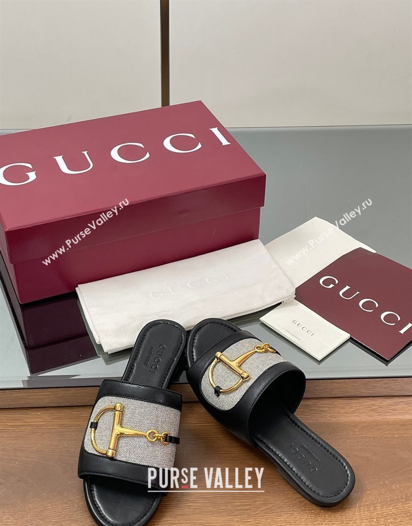 Gucci Flat Slides Sandal in Canvas and Lambskin with Horsebit Grey/Black 2025 834427 (MD-250609094)