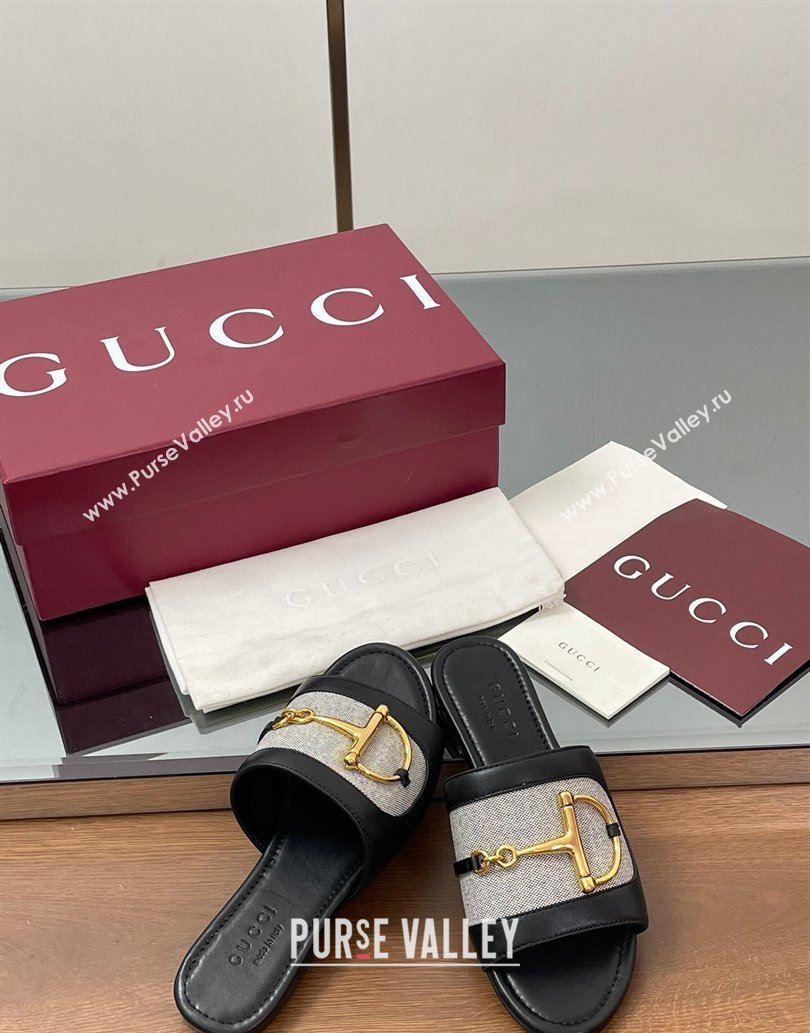 Gucci Flat Slides Sandal in Canvas and Lambskin with Horsebit Grey/Black 2025 834427 (MD-250609094)