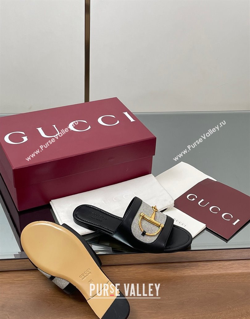 Gucci Flat Slides Sandal in Canvas and Lambskin with Horsebit Grey/Black 2025 834427 (MD-250609094)