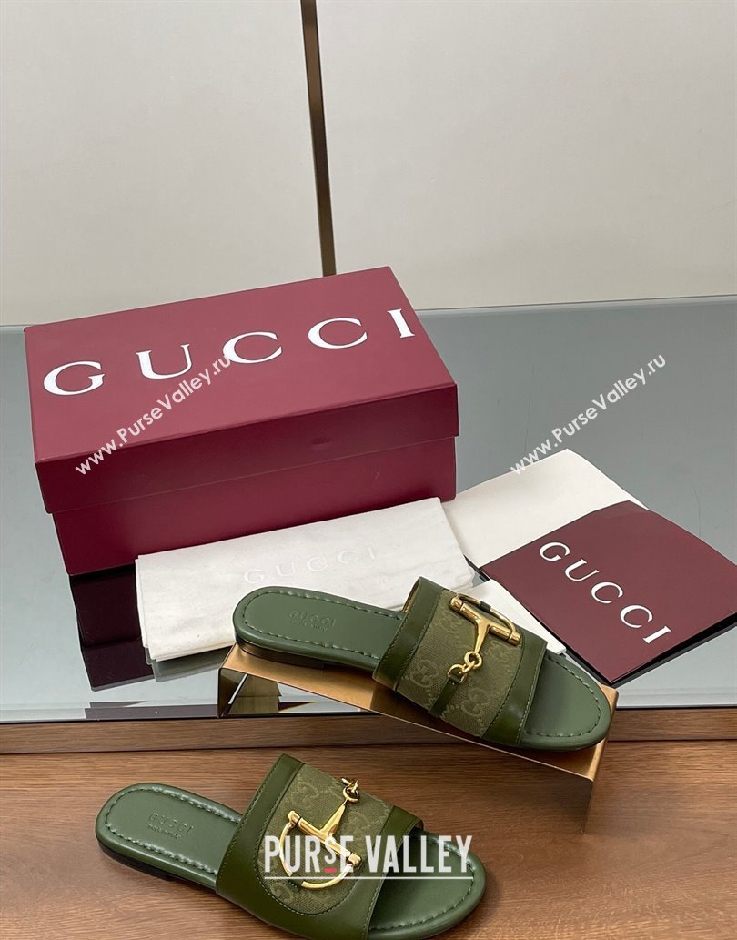 Gucci Flat Slides Sandal in GG Canvas and Lambskin with Horsebit Green 2025 834427 (MD-250609095)