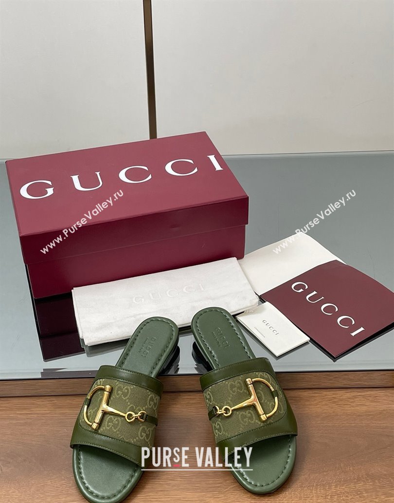 Gucci Flat Slides Sandal in GG Canvas and Lambskin with Horsebit Green 2025 834427 (MD-250609095)