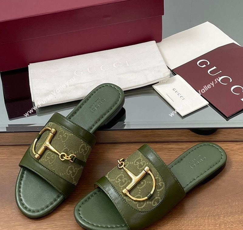 Gucci Flat Slides Sandal in GG Canvas and Lambskin with Horsebit Green 2025 834427 (MD-250609095)