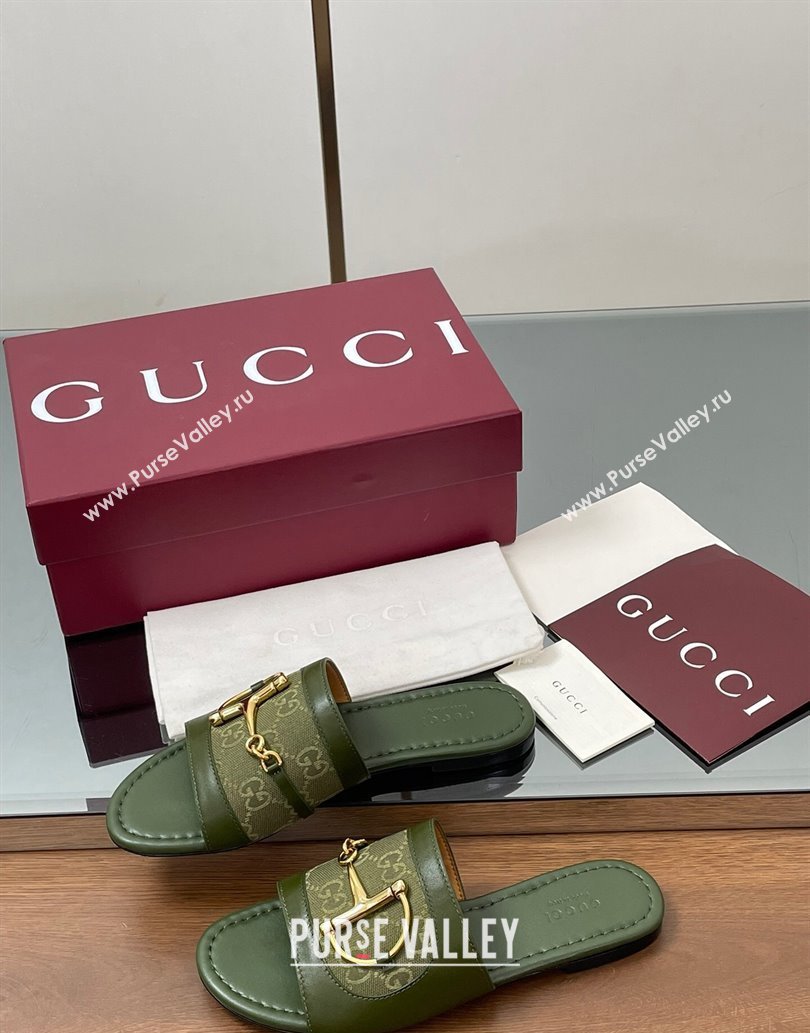 Gucci Flat Slides Sandal in GG Canvas and Lambskin with Horsebit Green 2025 834427 (MD-250609095)