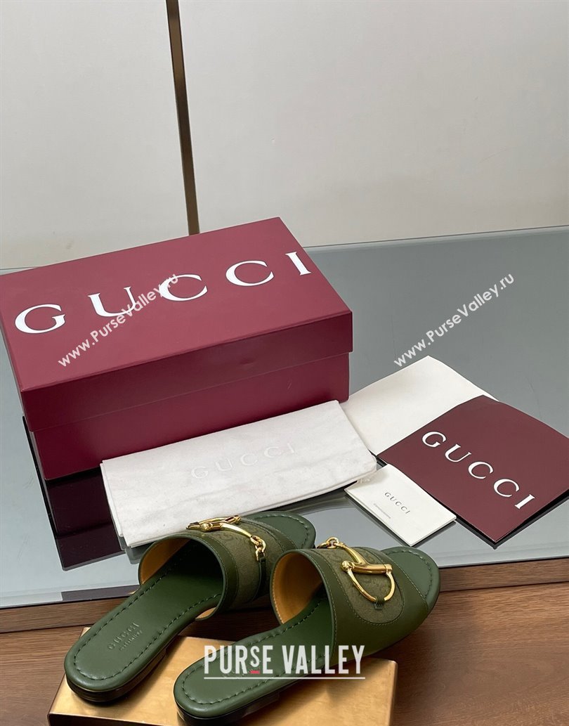 Gucci Flat Slides Sandal in GG Canvas and Lambskin with Horsebit Green 2025 834427 (MD-250609095)