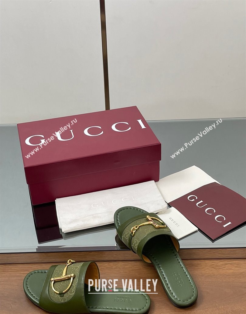 Gucci Flat Slides Sandal in GG Canvas and Lambskin with Horsebit Green 2025 834427 (MD-250609095)