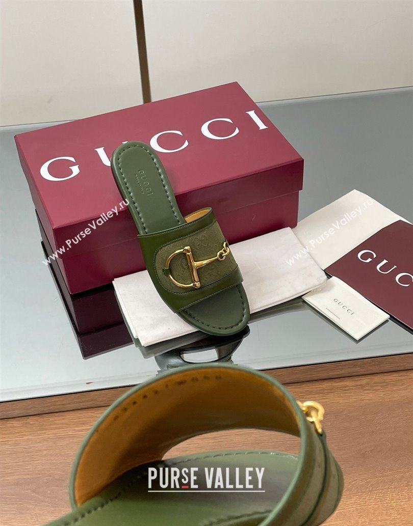 Gucci Flat Slides Sandal in GG Canvas and Lambskin with Horsebit Green 2025 834427 (MD-250609095)