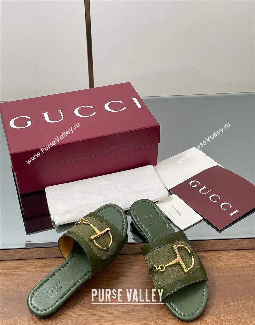 Gucci Flat Slides Sandal in GG Canvas and Lambskin with Horsebit Green 2025 834427 (MD-250609095)