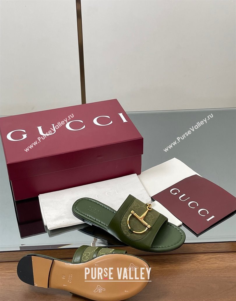 Gucci Flat Slides Sandal in GG Canvas and Lambskin with Horsebit Green 2025 834427 (MD-250609095)
