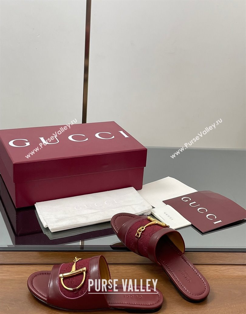 Gucci Flat Slides Sandal in GG Canvas and Lambskin with Horsebit Red 2025 834427 (MD-250609096)