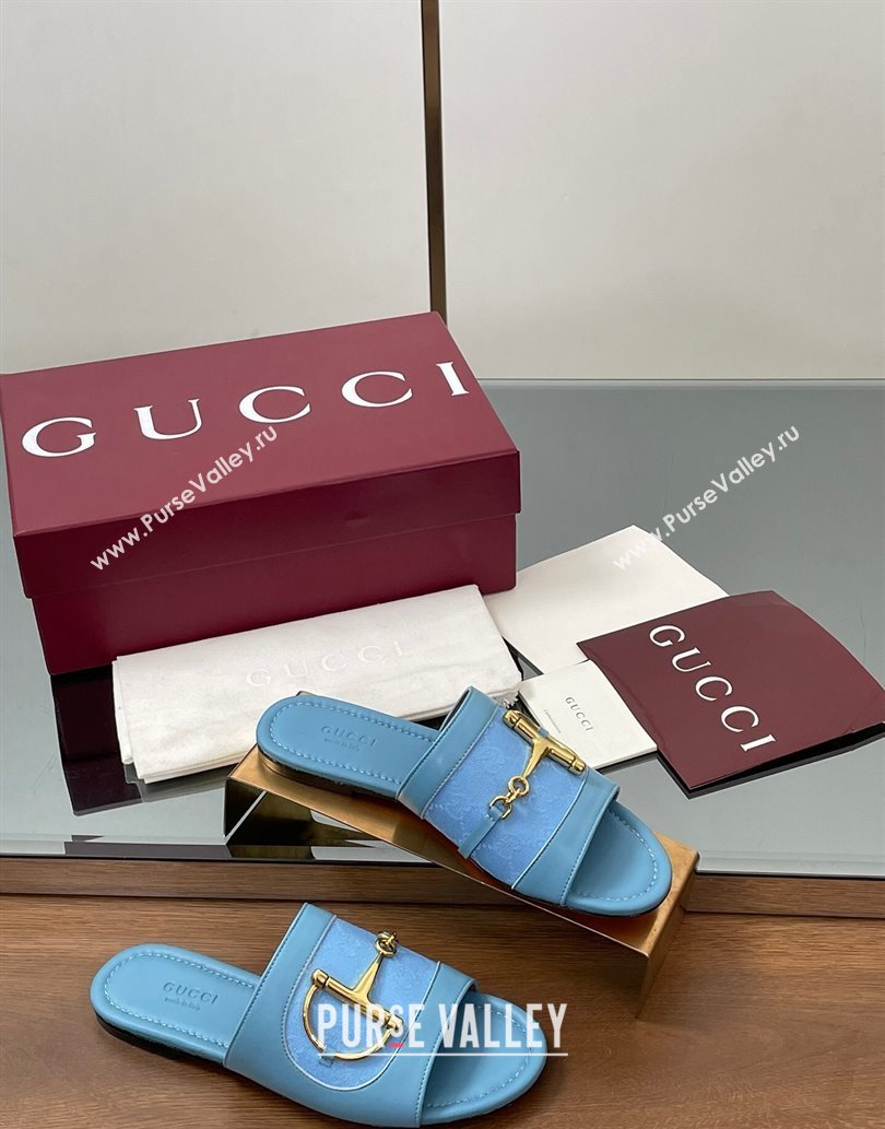 Gucci Flat Slides Sandal in GG Canvas and Lambskin with Horsebit Light Blue 2025 834427 (MD-250609097)