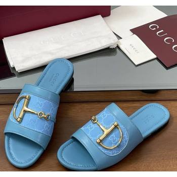 Gucci Flat Slides Sandal in GG Canvas and Lambskin with Horsebit Light Blue 2025 834427 (MD-250609097)