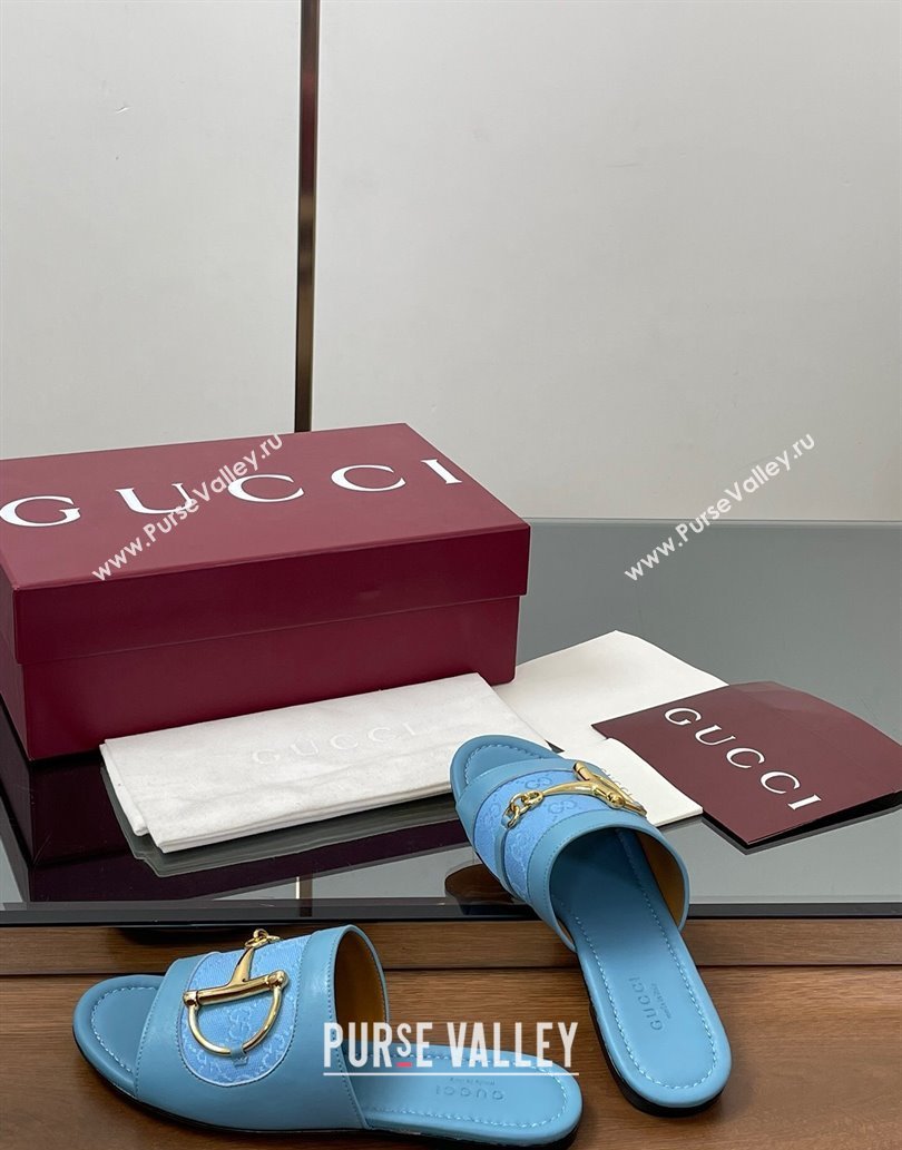 Gucci Flat Slides Sandal in GG Canvas and Lambskin with Horsebit Light Blue 2025 834427 (MD-250609097)