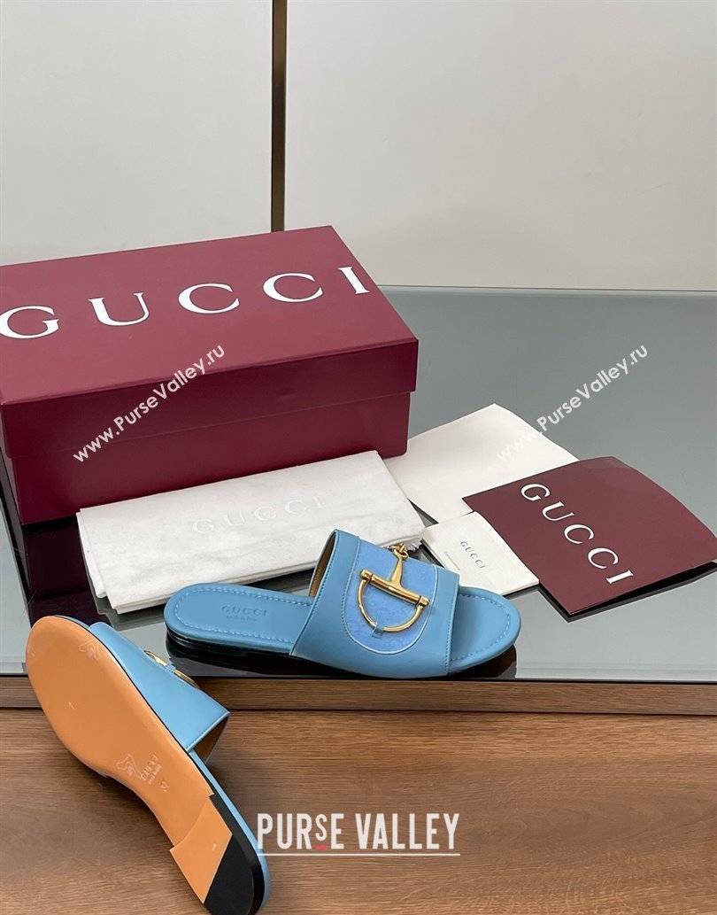Gucci Flat Slides Sandal in GG Canvas and Lambskin with Horsebit Light Blue 2025 834427 (MD-250609097)