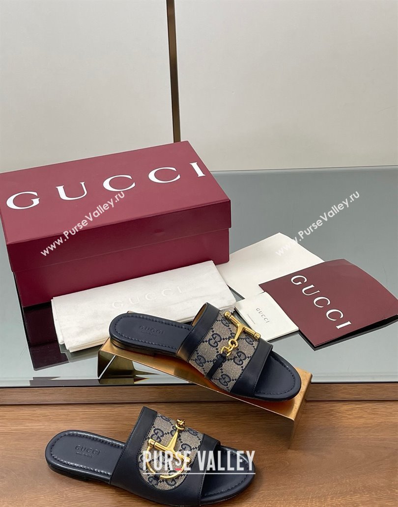 Gucci Flat Slides Sandal in GG Canvas and Lambskin with Horsebit Dark Blue 2025 834427 (MD-250609098)
