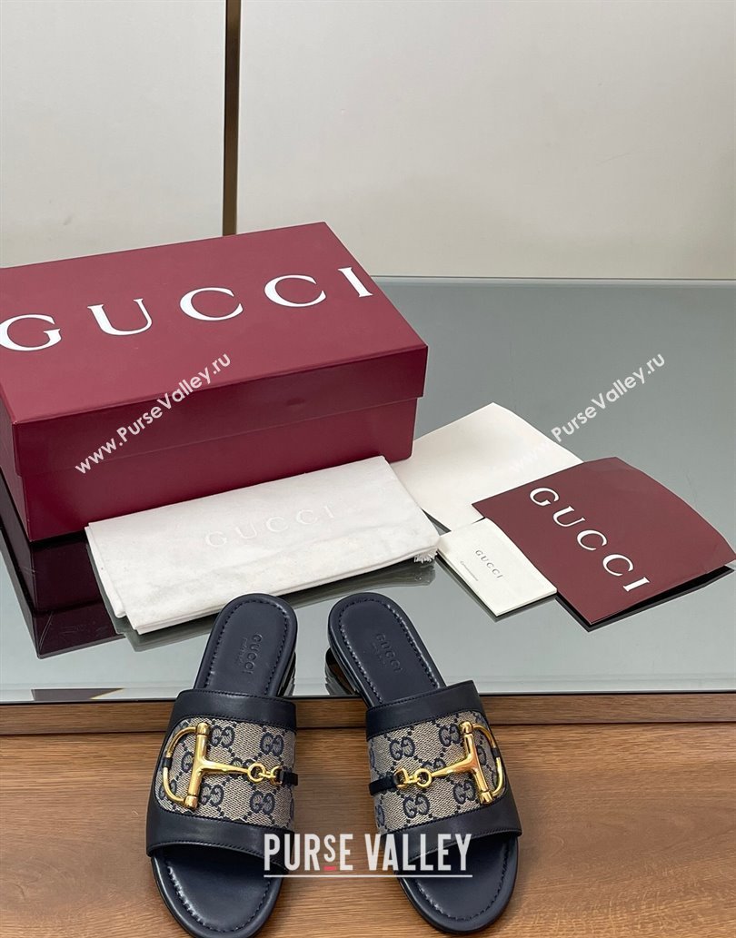 Gucci Flat Slides Sandal in GG Canvas and Lambskin with Horsebit Dark Blue 2025 834427 (MD-250609098)