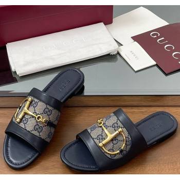 Gucci Flat Slides Sandal in GG Canvas and Lambskin with Horsebit Dark Blue 2025 834427 (MD-250609098)