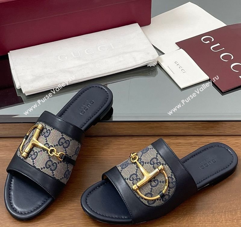 Gucci Flat Slides Sandal in GG Canvas and Lambskin with Horsebit Dark Blue 2025 834427 (MD-250609098)