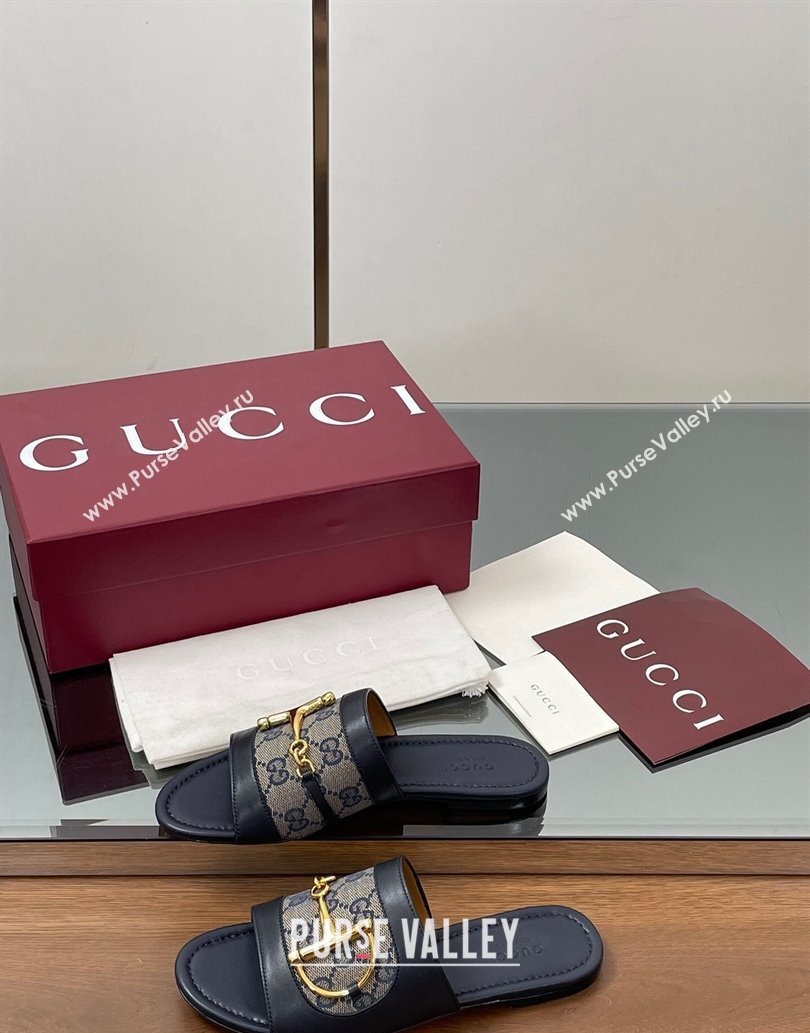 Gucci Flat Slides Sandal in GG Canvas and Lambskin with Horsebit Dark Blue 2025 834427 (MD-250609098)