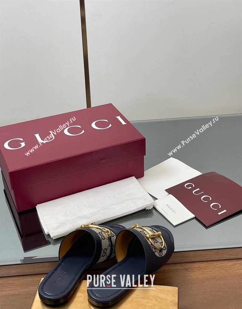 Gucci Flat Slides Sandal in GG Canvas and Lambskin with Horsebit Dark Blue 2025 834427 (MD-250609098)