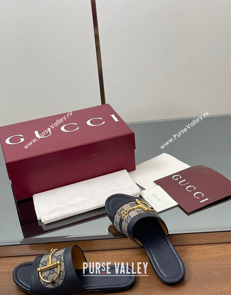 Gucci Flat Slides Sandal in GG Canvas and Lambskin with Horsebit Dark Blue 2025 834427 (MD-250609098)