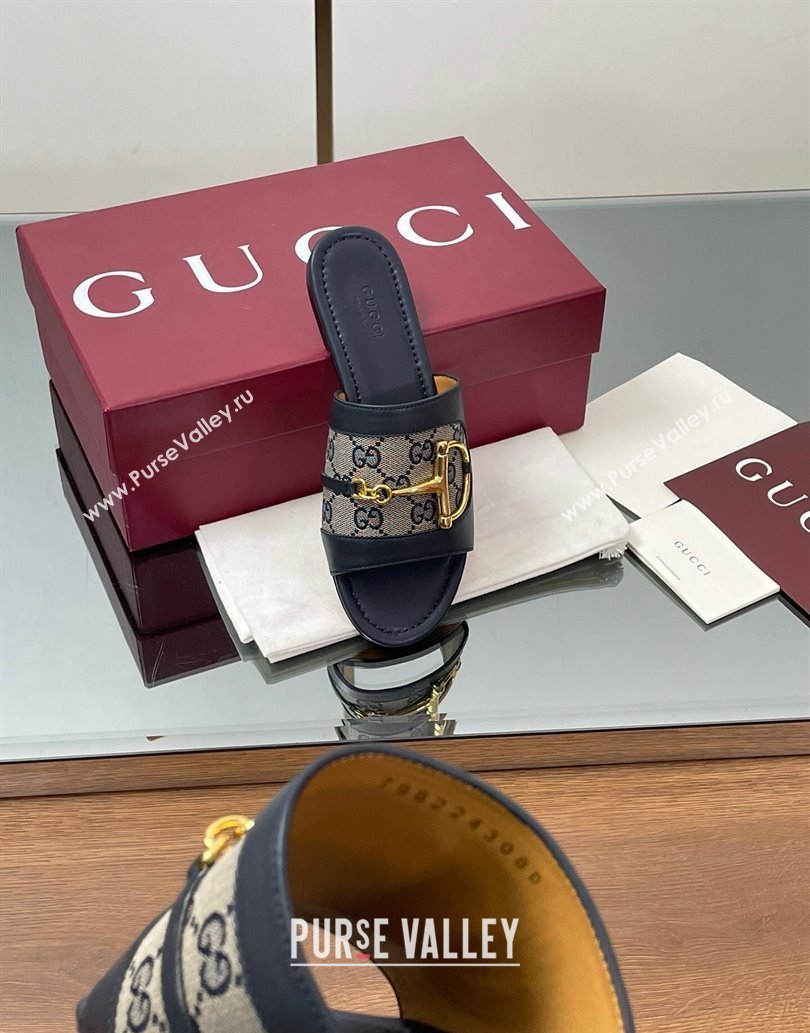 Gucci Flat Slides Sandal in GG Canvas and Lambskin with Horsebit Dark Blue 2025 834427 (MD-250609098)