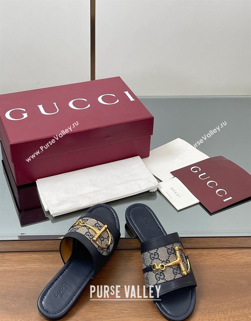 Gucci Flat Slides Sandal in GG Canvas and Lambskin with Horsebit Dark Blue 2025 834427 (MD-250609098)