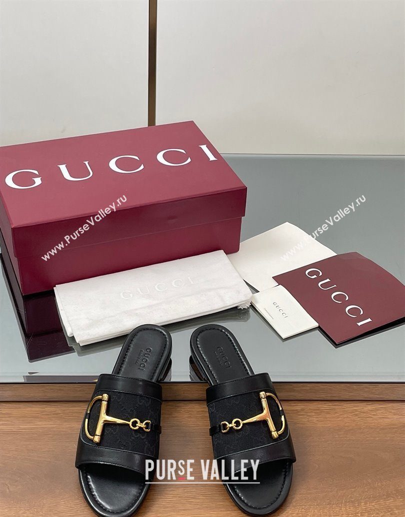 Gucci Flat Slides Sandal in GG Canvas and Lambskin with Horsebit Black2 2025 834427 (MD-250609099)